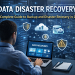 Data disaster recovery system with cloud backup, cybersecurity protection, and IT professional monitoring recovery dashboard