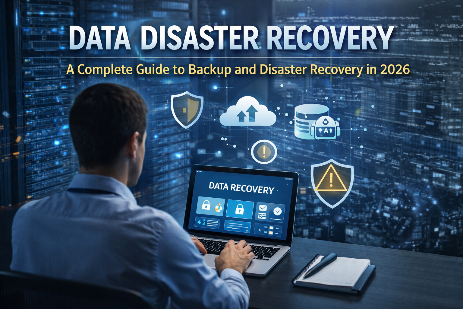 Data disaster recovery system with cloud backup, cybersecurity protection, and IT professional monitoring recovery dashboard