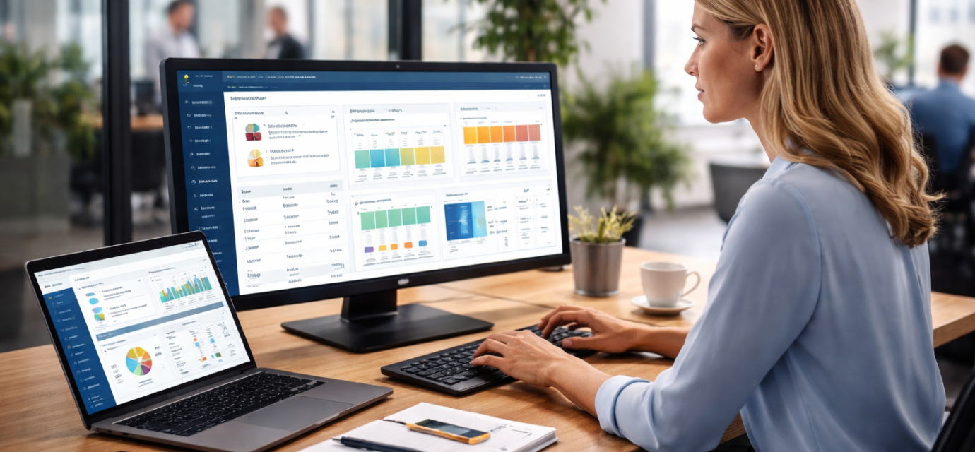 Best HR software dashboard with professional woman managing employee data, analytics, and workforce management tools in modern office