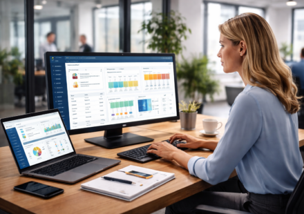 Best HR software dashboard with professional woman managing employee data, analytics, and workforce management tools in modern office