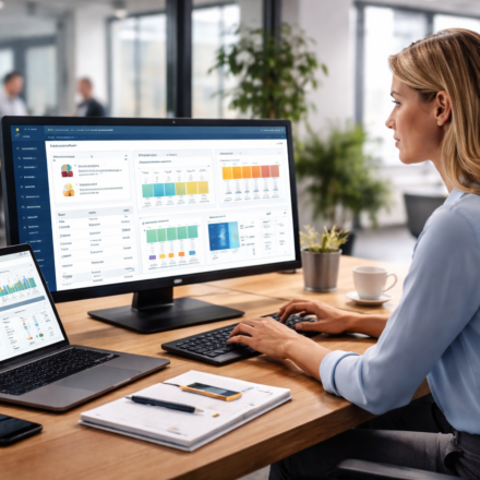 Best HR software dashboard with professional woman managing employee data, analytics, and workforce management tools in modern office