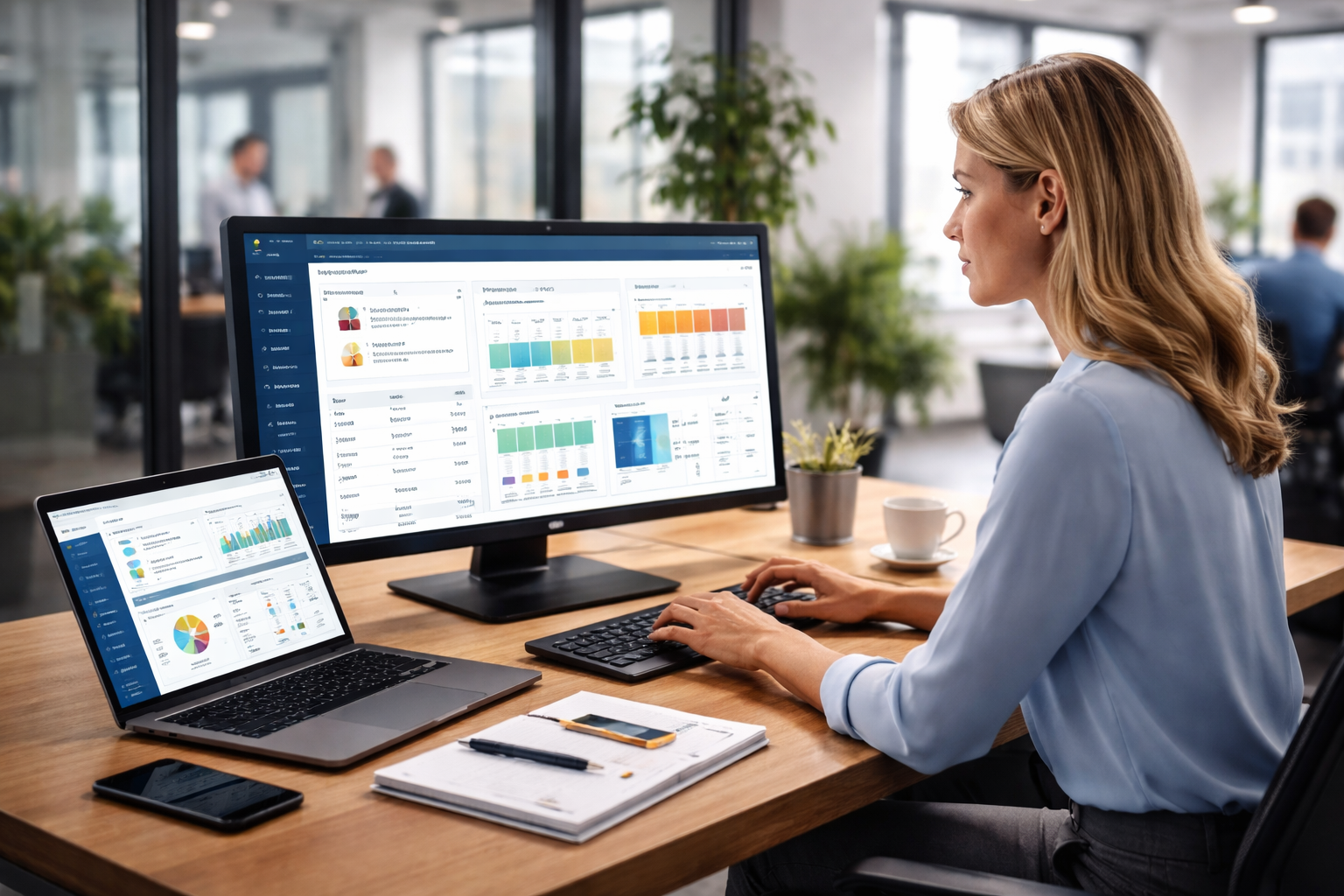 Best HR software dashboard with professional woman managing employee data, analytics, and workforce management tools in modern office