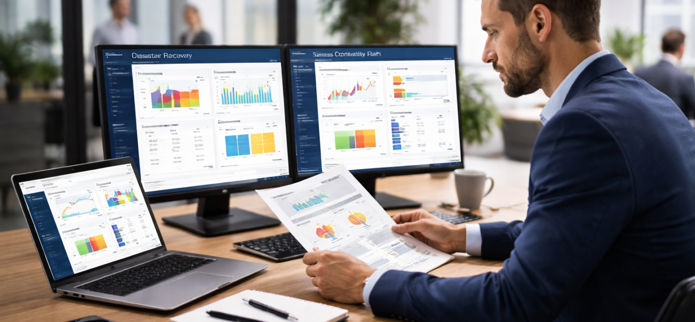 Business continuity and disaster recovery dashboard with professional man analyzing data, risk reports, and system recovery metrics