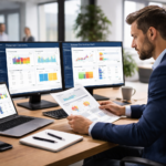 Business continuity and disaster recovery dashboard with professional man analyzing data, risk reports, and system recovery metrics