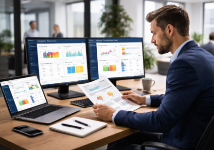Business continuity and disaster recovery dashboard with professional man analyzing data, risk reports, and system recovery metrics