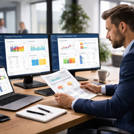 Business continuity and disaster recovery dashboard with professional man analyzing data, risk reports, and system recovery metrics