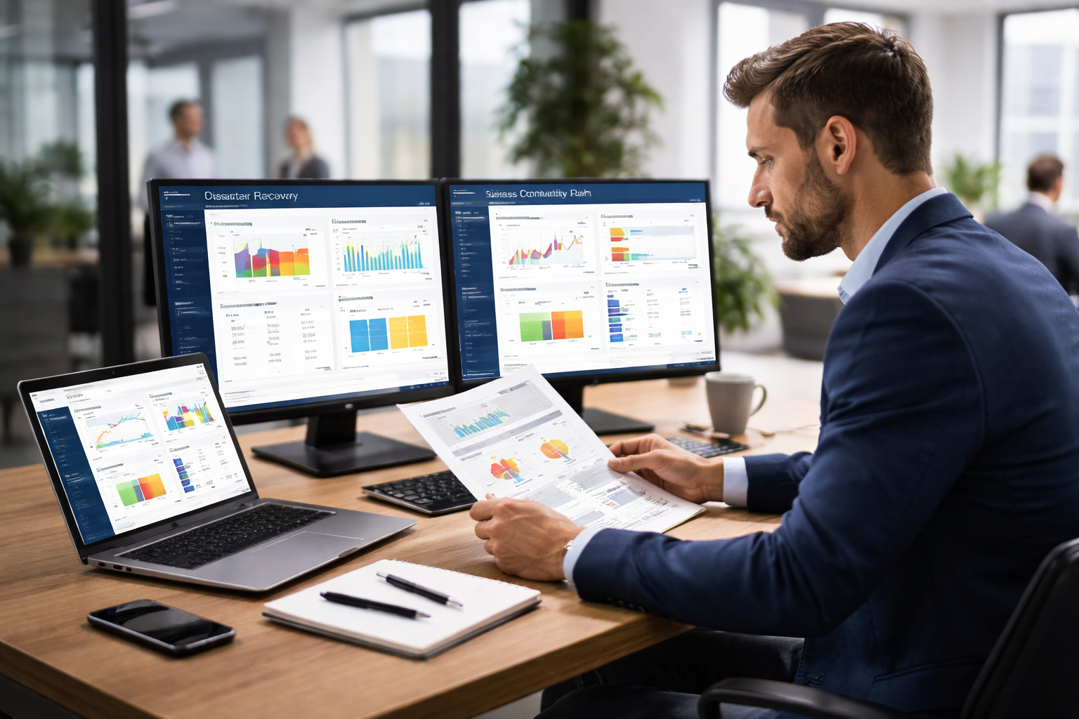 Business continuity and disaster recovery dashboard with professional man analyzing data, risk reports, and system recovery metrics