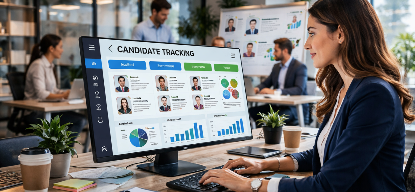Candidate tracking system dashboard with recruiter managing applicants and hiring pipeline in a modern office environment