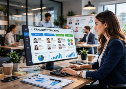 Candidate tracking system dashboard with recruiter managing applicants and hiring pipeline in a modern office environment