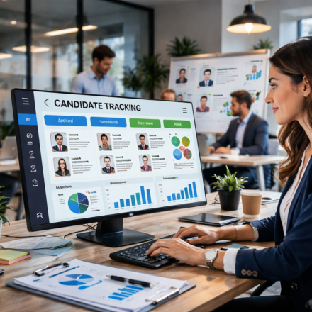Candidate tracking system dashboard with recruiter managing applicants and hiring pipeline in a modern office environment