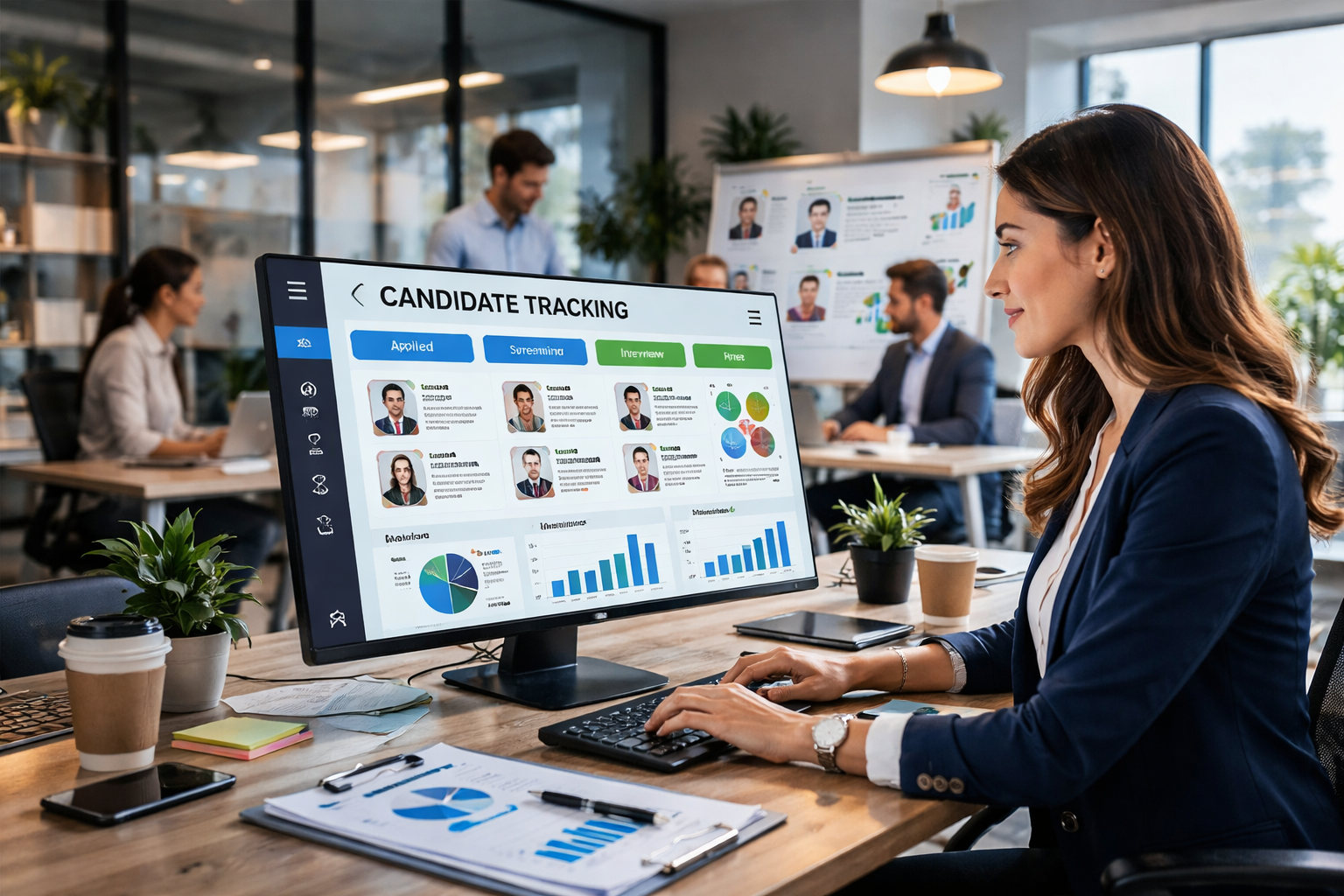 Candidate tracking system dashboard with recruiter managing applicants and hiring pipeline in a modern office environment