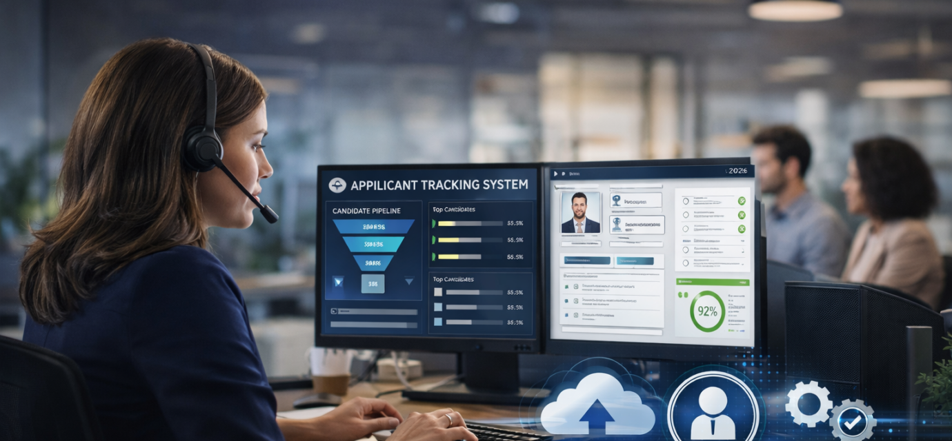 Cloud-based applicant tracking system with female recruiter analyzing candidates on dual monitors with team collaboration in office