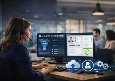 Cloud-based applicant tracking system with female recruiter analyzing candidates on dual monitors with team collaboration in office