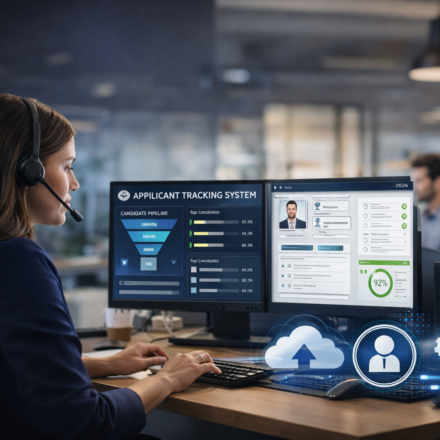 Cloud-based applicant tracking system with female recruiter analyzing candidates on dual monitors with team collaboration in office