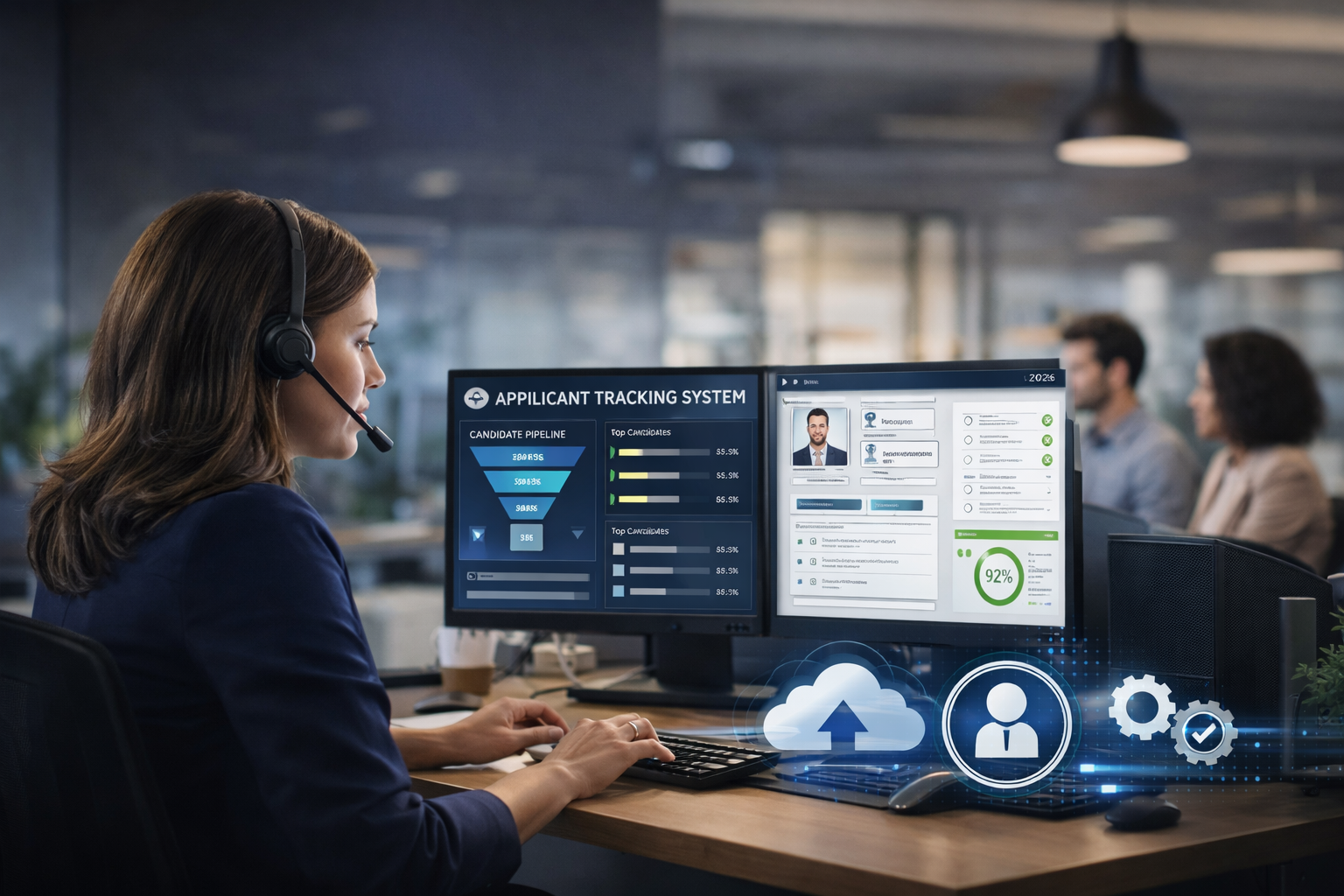 Cloud-based applicant tracking system with female recruiter analyzing candidates on dual monitors with team collaboration in office