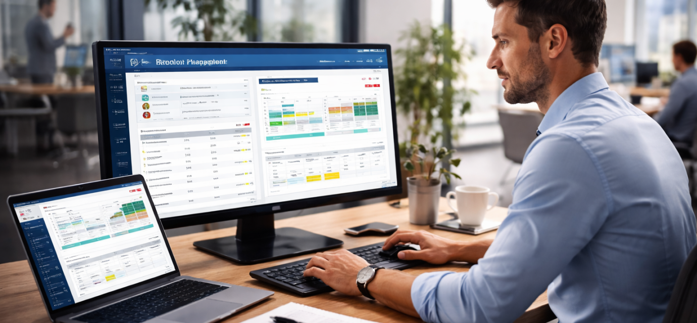 HR payroll software dashboard with male professional managing payroll data, salary reports, and employee compensation on multiple screens
