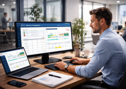 HR payroll software dashboard with male professional managing payroll data, salary reports, and employee compensation on multiple screens