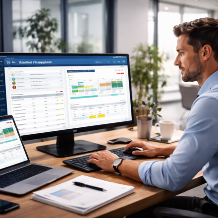 HR payroll software dashboard with male professional managing payroll data, salary reports, and employee compensation on multiple screens