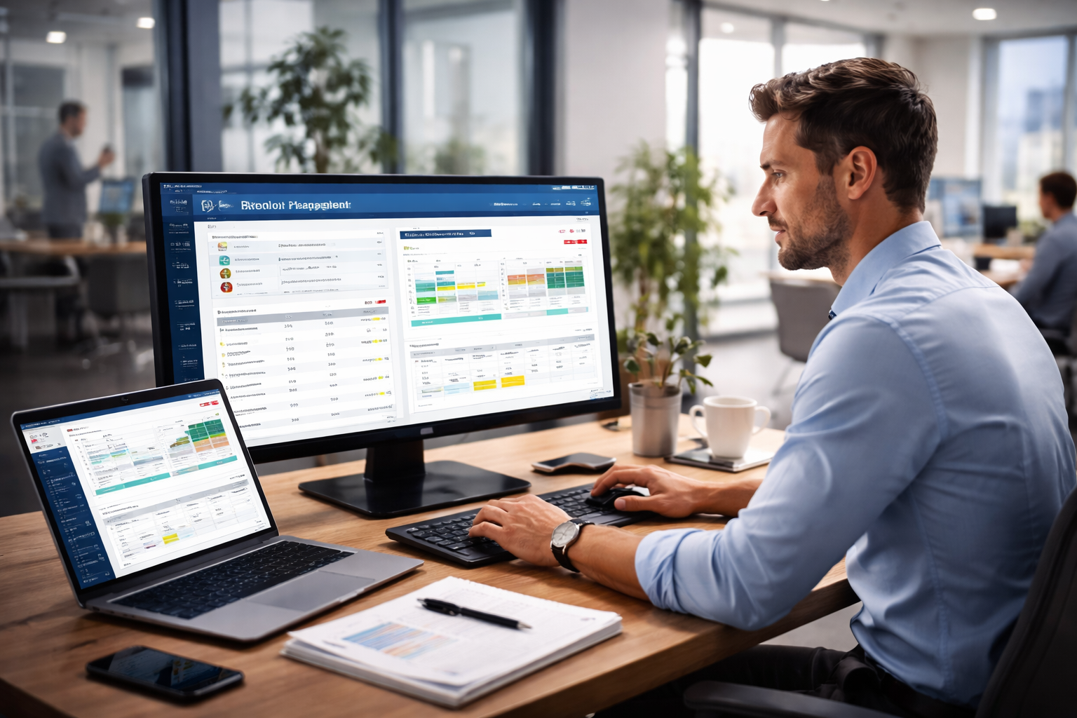 HR payroll software dashboard with male professional managing payroll data, salary reports, and employee compensation on multiple screens