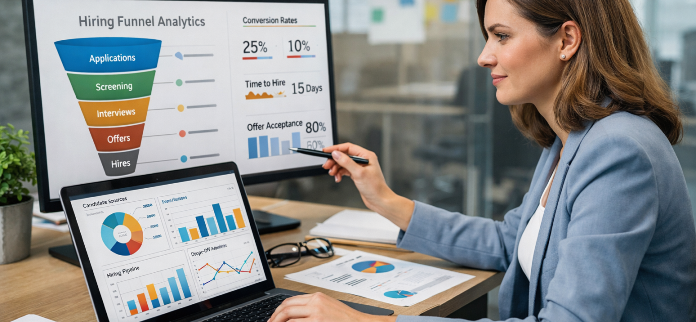 HR manager analyzing hiring funnel analytics dashboard to optimize recruitment performance using data and reporting tools