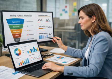 HR manager analyzing hiring funnel analytics dashboard to optimize recruitment performance using data and reporting tools