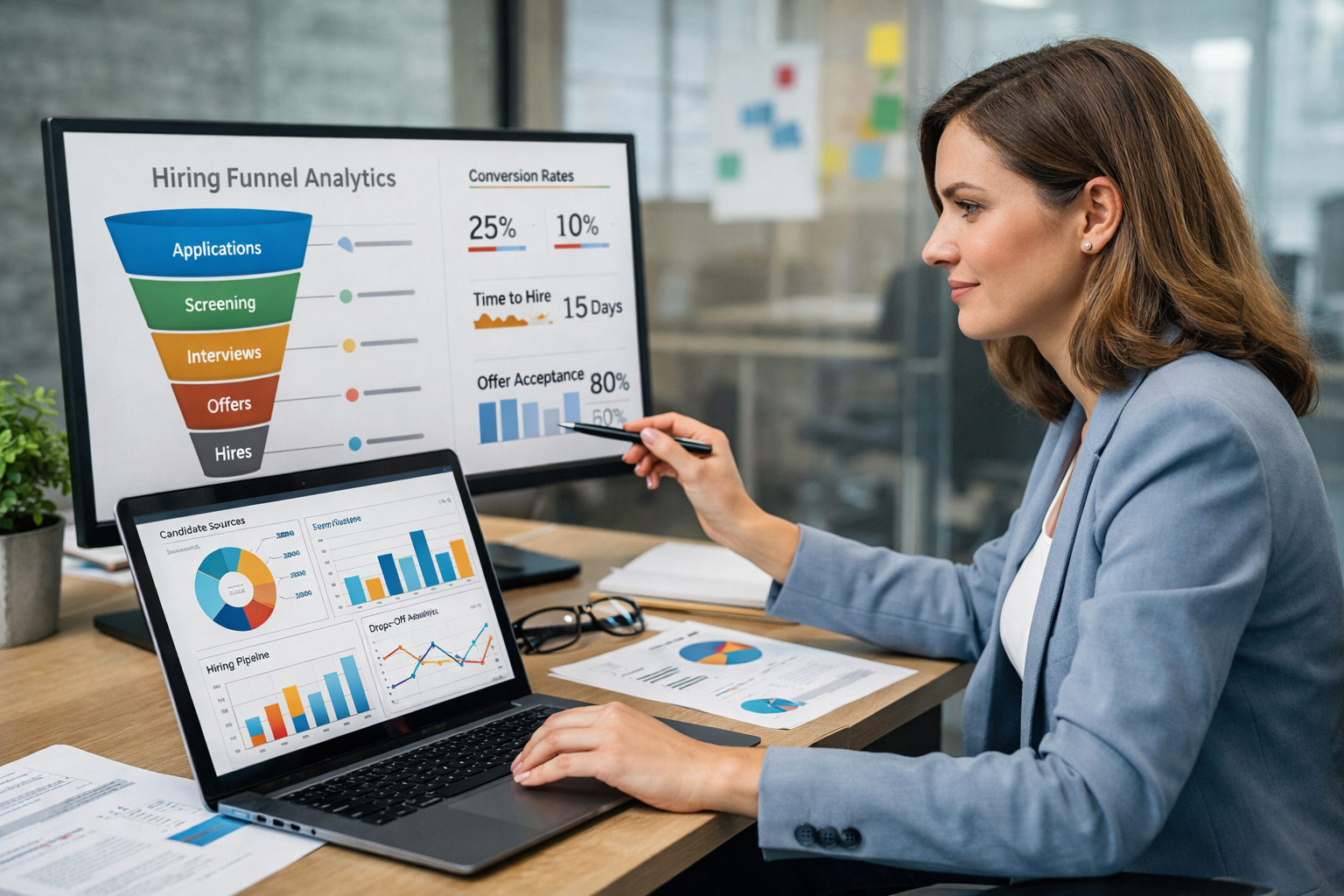 HR manager analyzing hiring funnel analytics dashboard to optimize recruitment performance using data and reporting tools