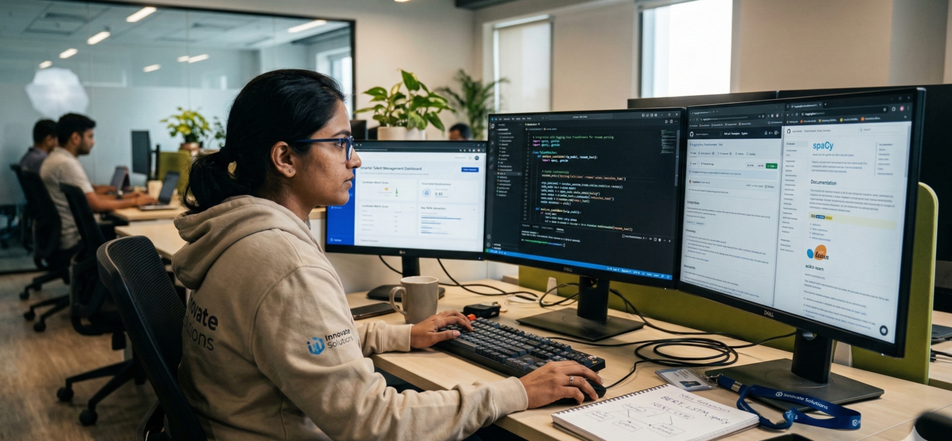 A female IT engineer in a modern office working on three monitors, developing an HR talent management application using open-source NLP libraries like spaCy and BERT. Caption