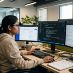 A female IT engineer in a modern office working on three monitors, developing an HR talent management application using open-source NLP libraries like spaCy and BERT. Caption