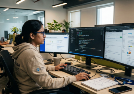 A female IT engineer in a modern office working on three monitors, developing an HR talent management application using open-source NLP libraries like spaCy and BERT. Caption