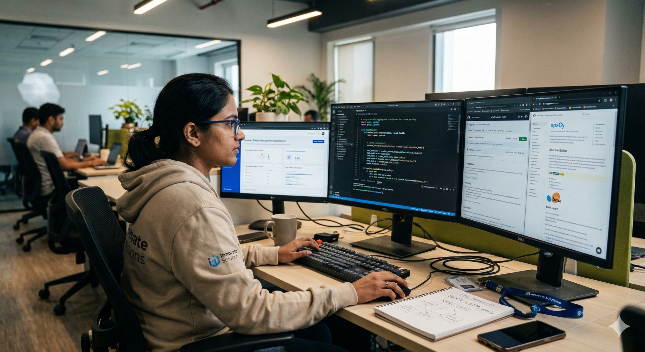 A female IT engineer in a modern office working on three monitors, developing an HR talent management application using open-source NLP libraries like spaCy and BERT. Caption