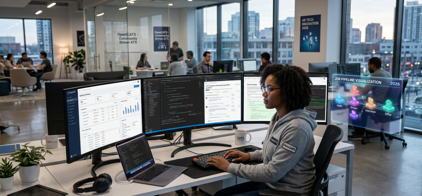 IT engineer developing open-source ATS platforms in modern tech office, coding resume parsing and applicant tracking dashboards on multi-monitor setup.