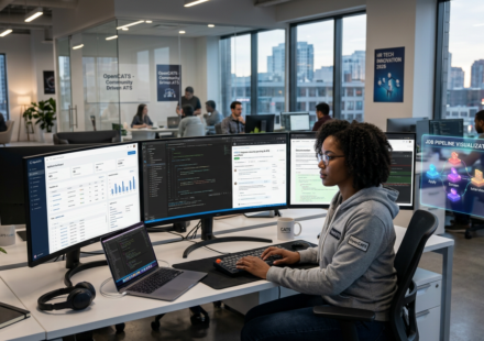 IT engineer developing open-source ATS platforms in modern tech office, coding resume parsing and applicant tracking dashboards on multi-monitor setup.