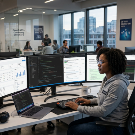 IT engineer developing open-source ATS platforms in modern tech office, coding resume parsing and applicant tracking dashboards on multi-monitor setup.