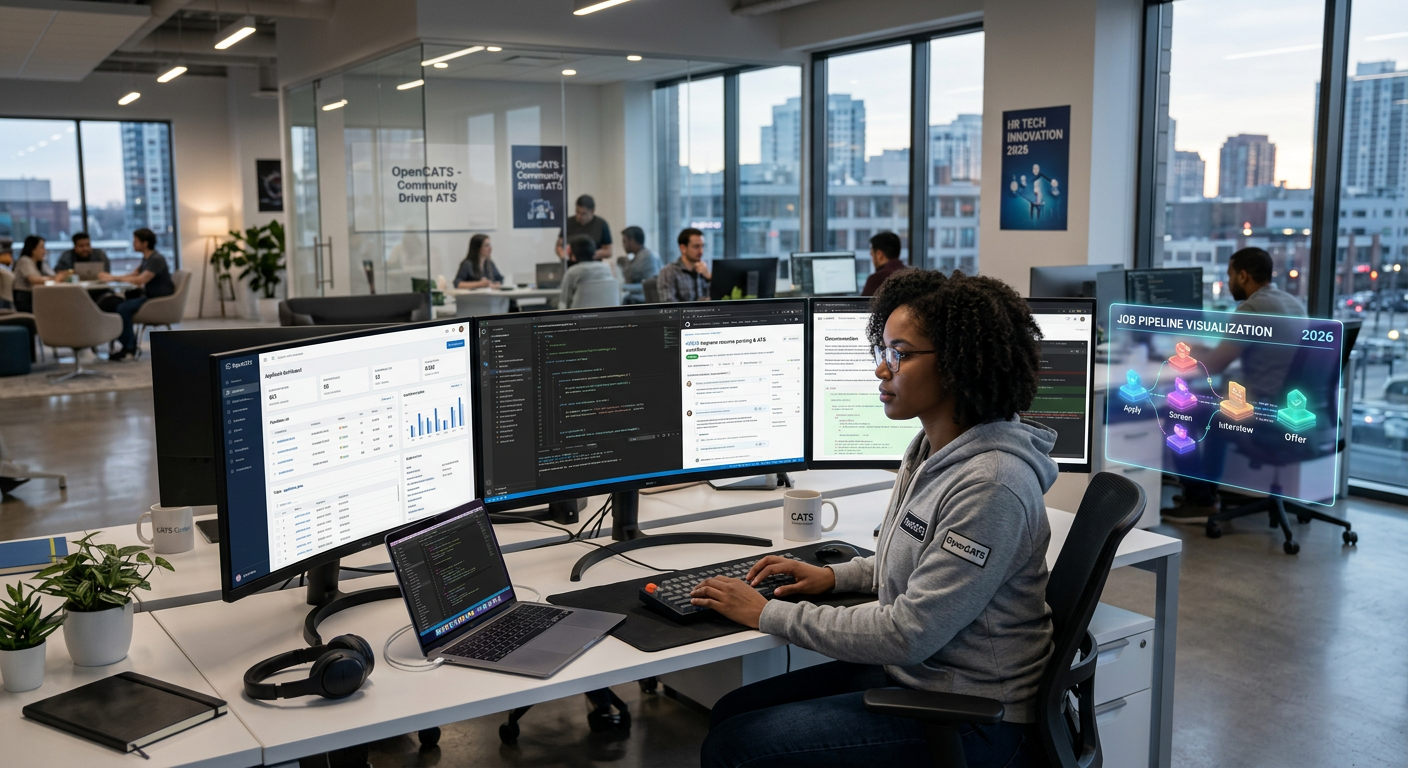 IT engineer developing open-source ATS platforms in modern tech office, coding resume parsing and applicant tracking dashboards on multi-monitor setup.