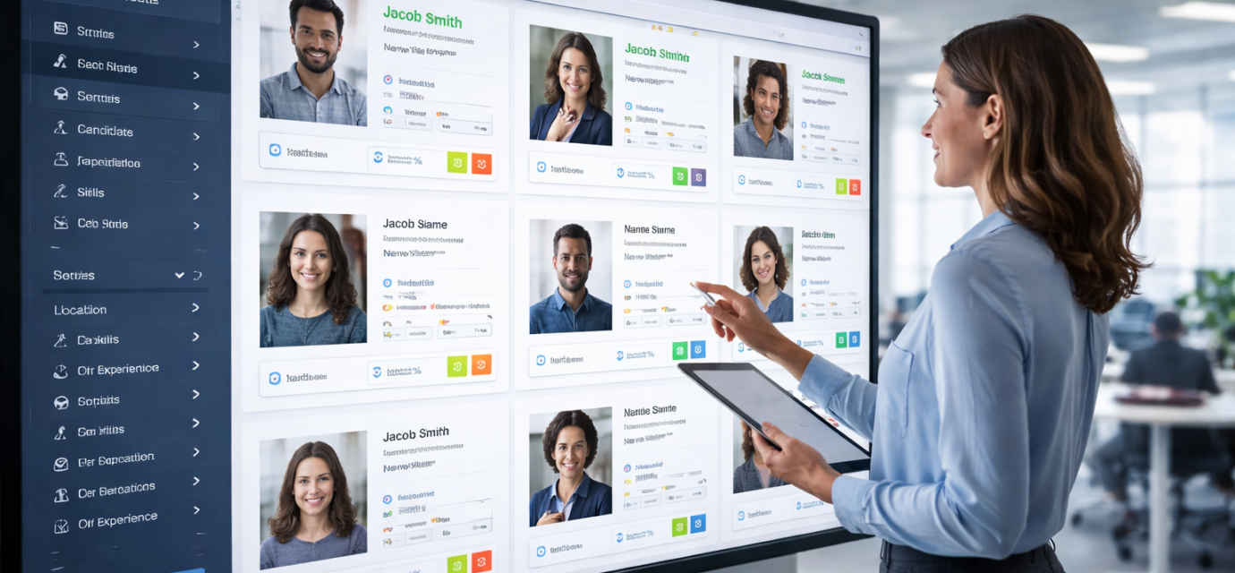 HR manager reviewing candidate profiles on a digital HR platform using search and matching engines for talent discovery