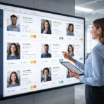 HR manager reviewing candidate profiles on a digital HR platform using search and matching engines for talent discovery
