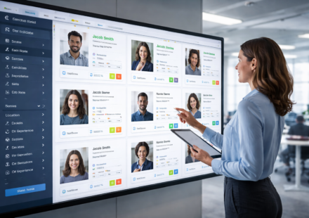 HR manager reviewing candidate profiles on a digital HR platform using search and matching engines for talent discovery