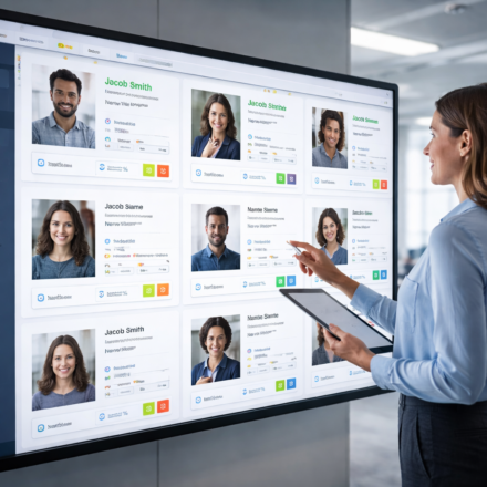 HR manager reviewing candidate profiles on a digital HR platform using search and matching engines for talent discovery