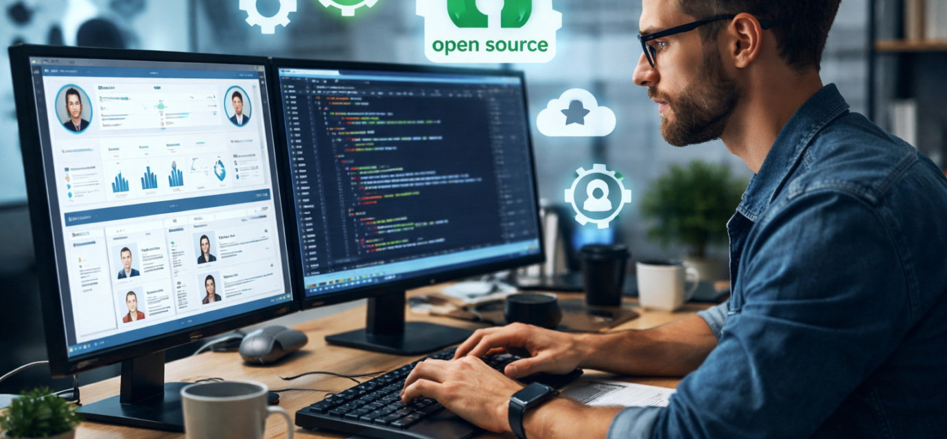IT web developer developing an HR management system using open-source technology on a dual-monitor workstation
