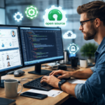 IT web developer developing an HR management system using open-source technology on a dual-monitor workstation