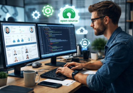 IT web developer developing an HR management system using open-source technology on a dual-monitor workstation