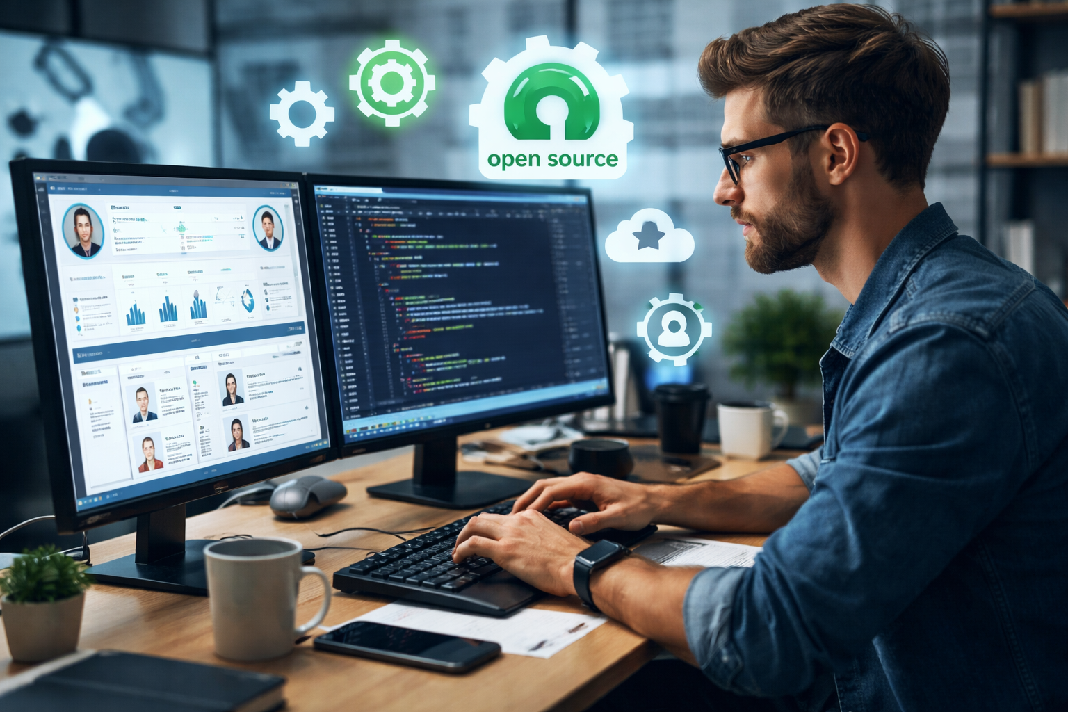 IT web developer developing an HR management system using open-source technology on a dual-monitor workstation