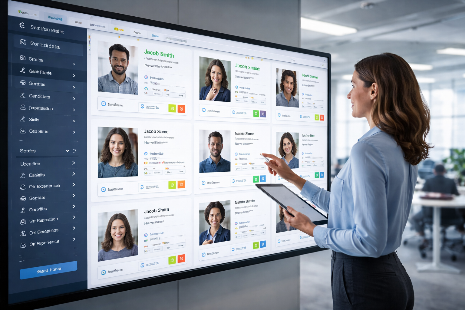 HR manager reviewing candidate profiles on a digital HR platform using search and matching engines for talent discovery