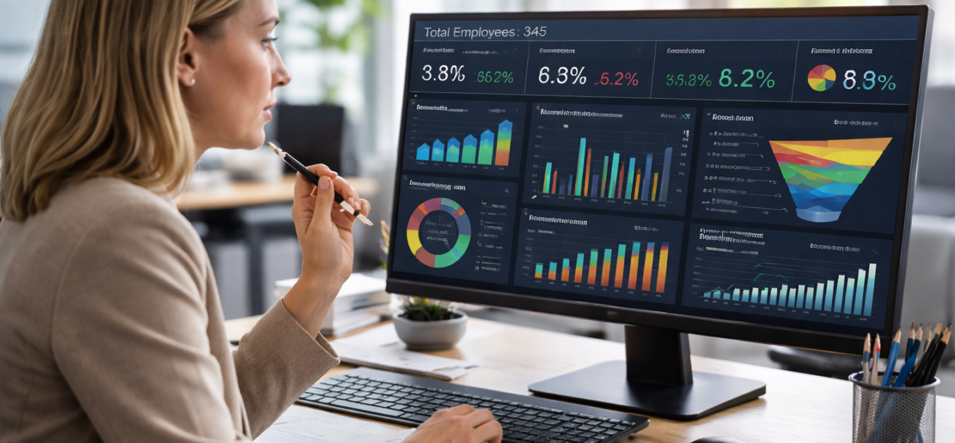 HR manager analyzing real-time dashboard for data analytics, business performance metrics, and reporting insights