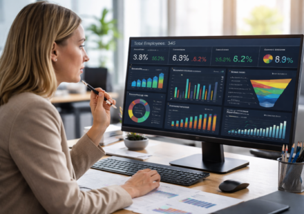 HR manager analyzing real-time dashboard for data analytics, business performance metrics, and reporting insights