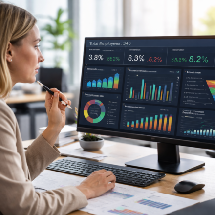 HR manager analyzing real-time dashboard for data analytics, business performance metrics, and reporting insights