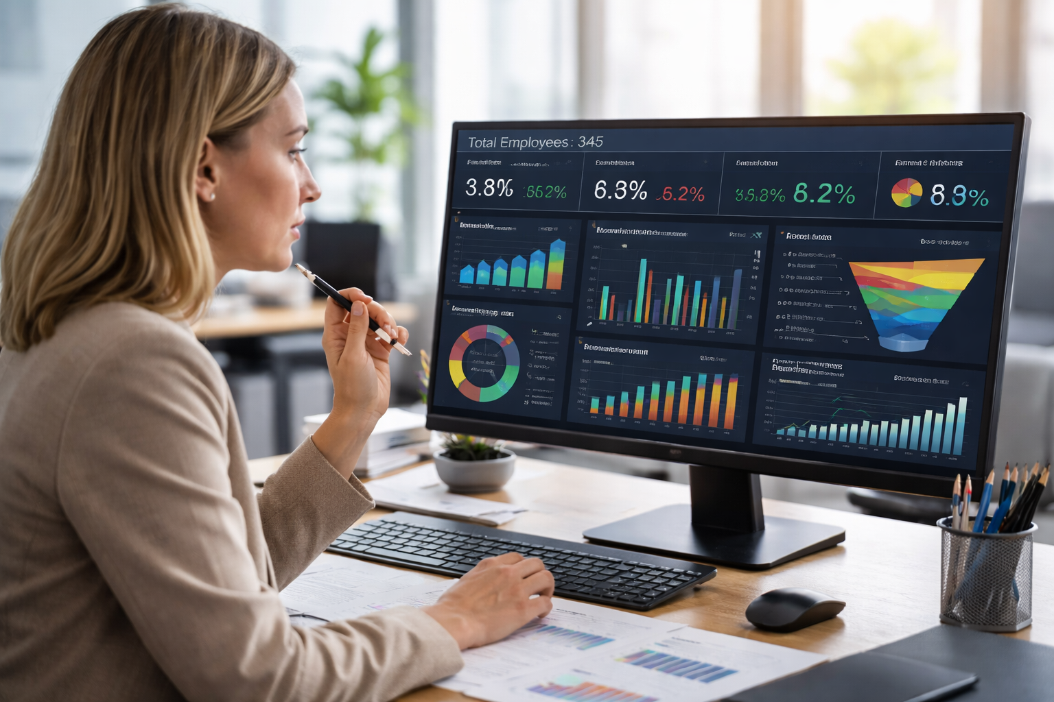 HR manager analyzing real-time dashboard for data analytics, business performance metrics, and reporting insights
