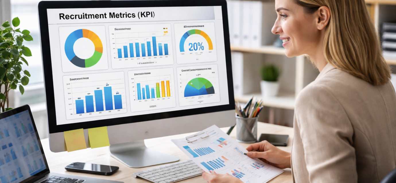 HR manager reviewing recruitment metrics and KPIs on an analytics dashboard to evaluate hiring performance and data-driven recruitment insights.