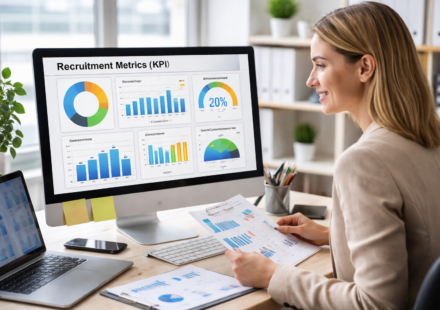 HR manager reviewing recruitment metrics and KPIs on an analytics dashboard to evaluate hiring performance and data-driven recruitment insights.