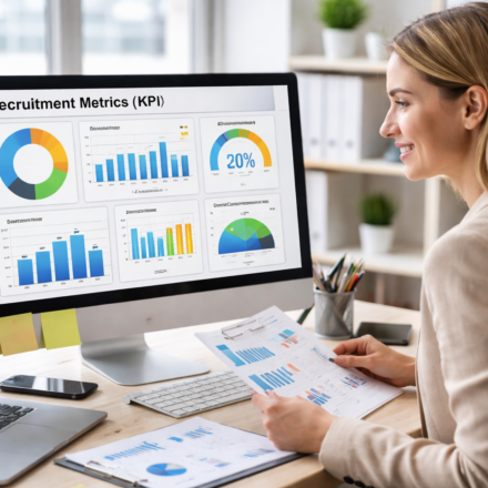 HR manager reviewing recruitment metrics and KPIs on an analytics dashboard to evaluate hiring performance and data-driven recruitment insights.